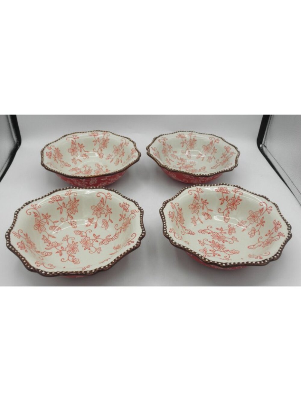 Temptations Cranberry Floral Lace Scalloped Edge 7.5 Inch Cereal Bowls Set of 4 - Picture 9 of 9